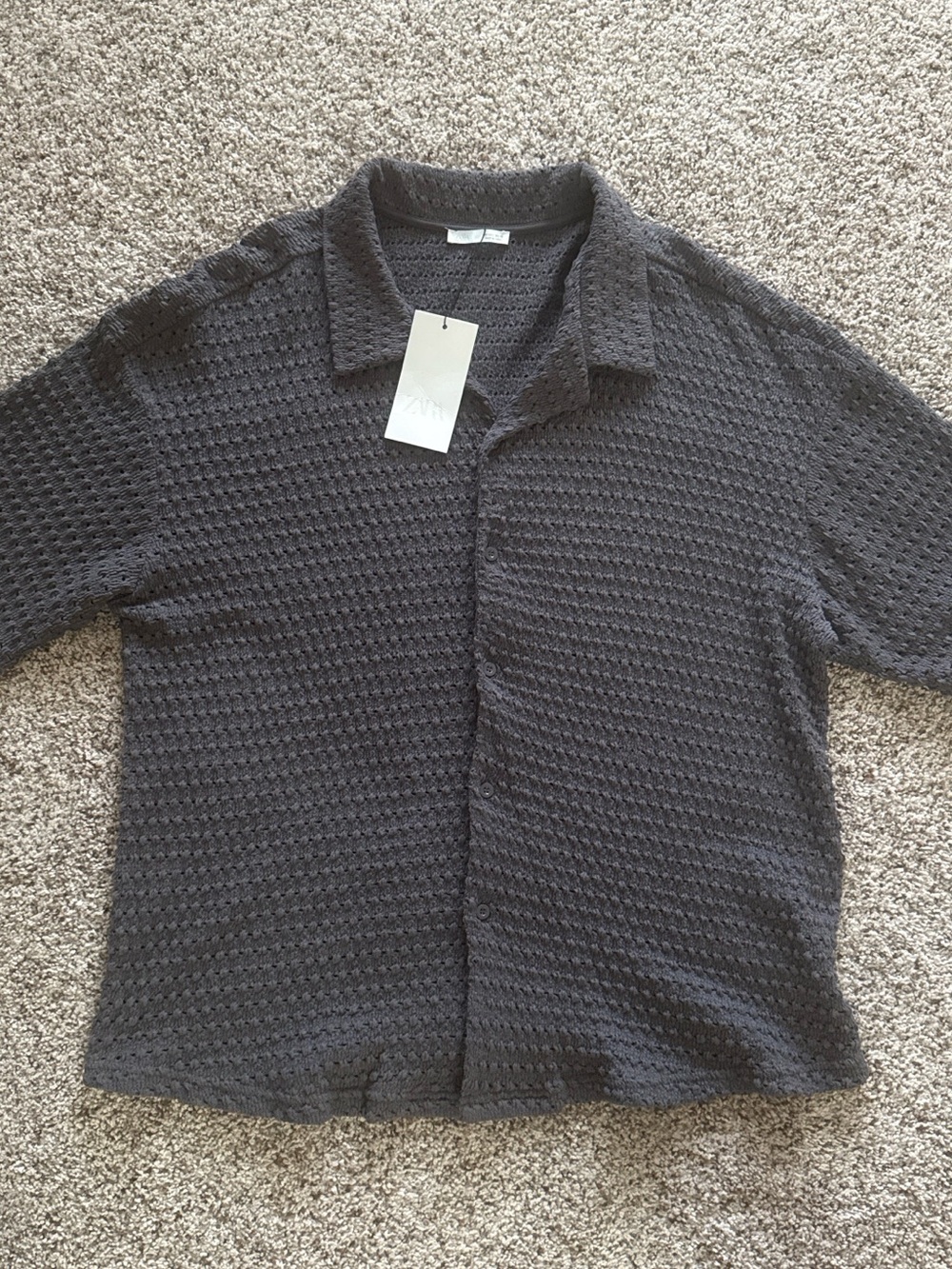 Zara Men's Short-Sleeve Textured Button-Down Shirt - Charcoal